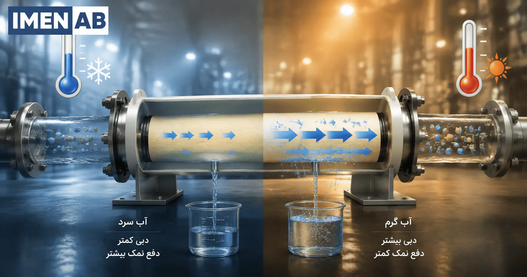 تأثیر دمای آب بر دبی و دفع نمک ممبران RO